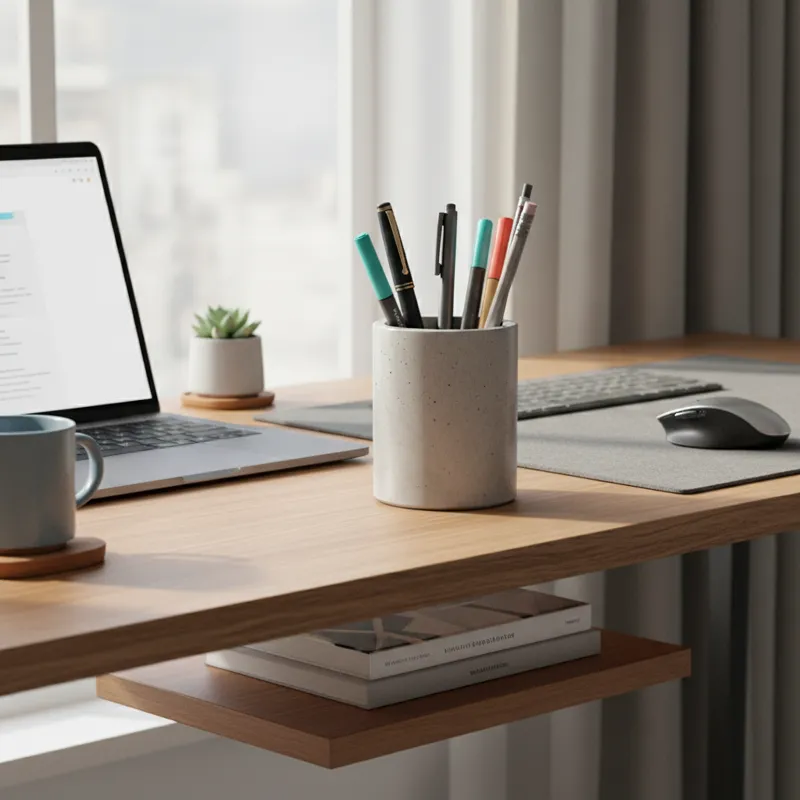 A beautifully organized modern desk with a stylish, minimalist pen holder prominently featured, holding various writing instruments.