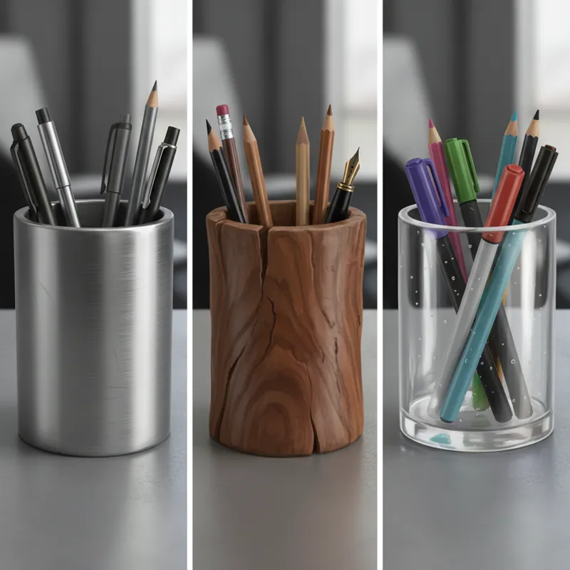 Close-up shots of three distinct pen holders made from different materials: one sleek metal, one warm wooden, and one clear acrylic, highlighting thei
