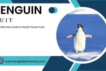Graphic titled 'PENGUIN SUIT: The Ultimate Guide to Stylish Power Suits.' Features an Adélie penguin standing on snow within a circular frame against a blue background. The graphic has blue and teal design elements and includes the website 'www.bangladeshcountry.com'.