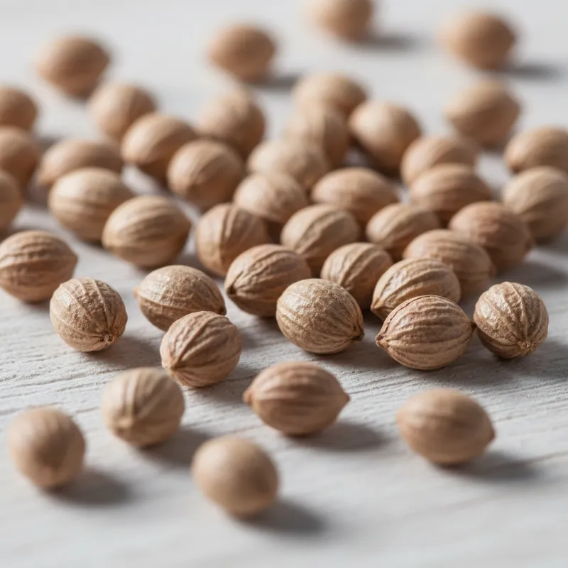 A close-up, high-resolution shot of small, light brown perilla seeds scattered on a clean, light-colored wooden surface. Some seeds are whole, while o