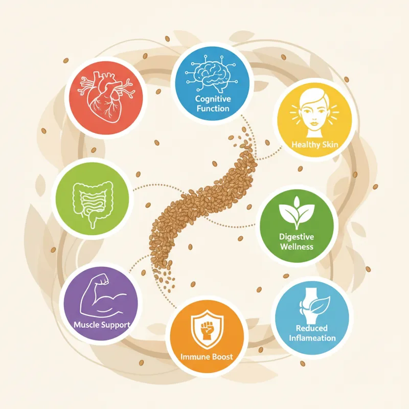 A vibrant, visually appealing infographic or collage illustrating the 7 benefits of perilla seeds with distinct icons or imagery for each. For example