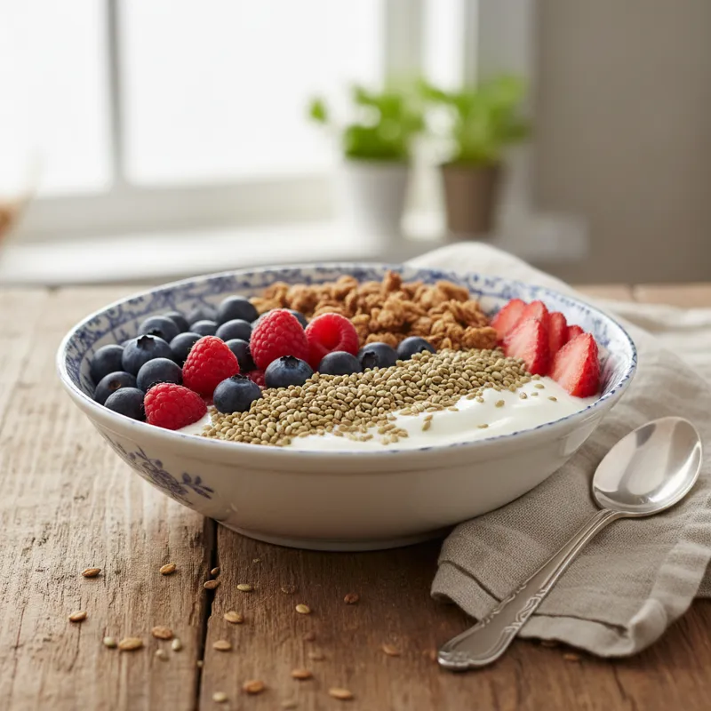 A beautifully plated breakfast bowl with yogurt, fresh berries, granola, and a generous sprinkle of toasted perilla seeds on top. The bowl is on a rus