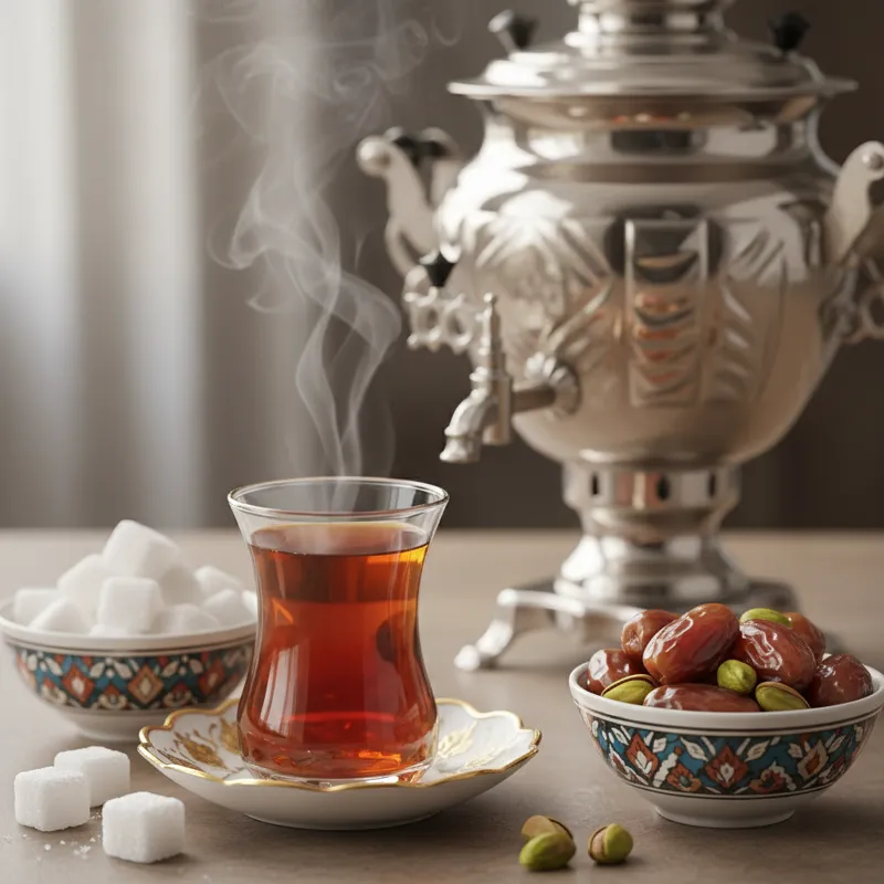 A close-up shot of a traditional Persian tea setup. A clear, tulip-shaped glass (estekan) filled with reddish-amber tea sits on a matching saucer. Nex