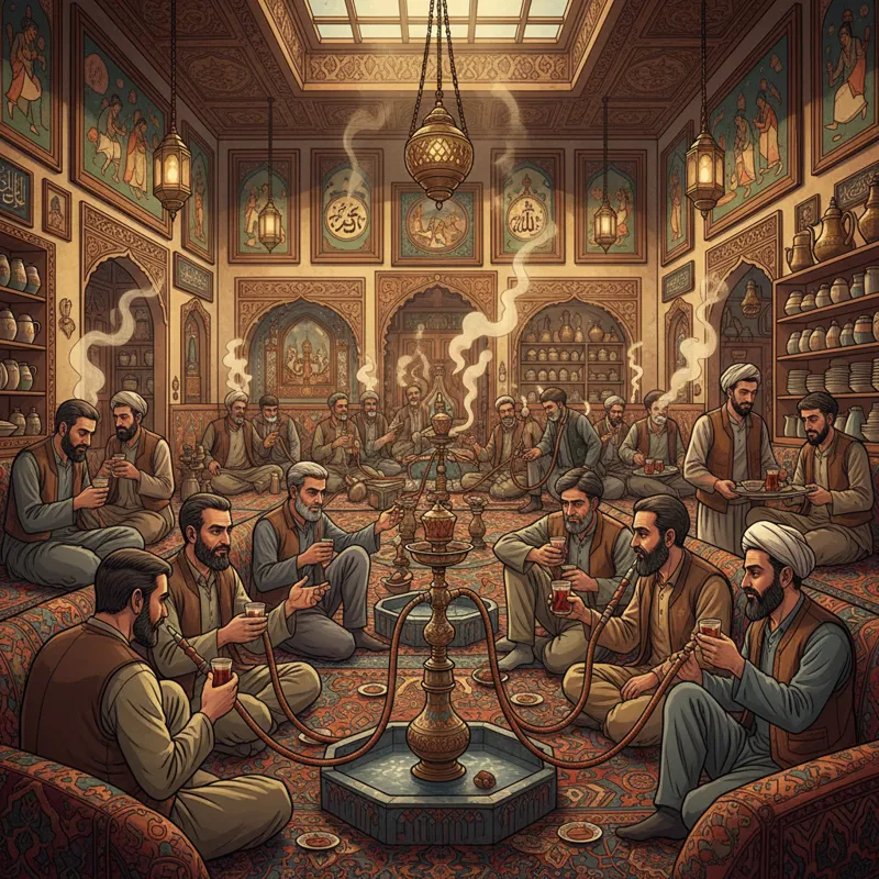 A vibrant, bustling scene inside a traditional Iranian teahouse (chaykhaneh). Men of various ages are sitting on benches, drinking tea from small glas