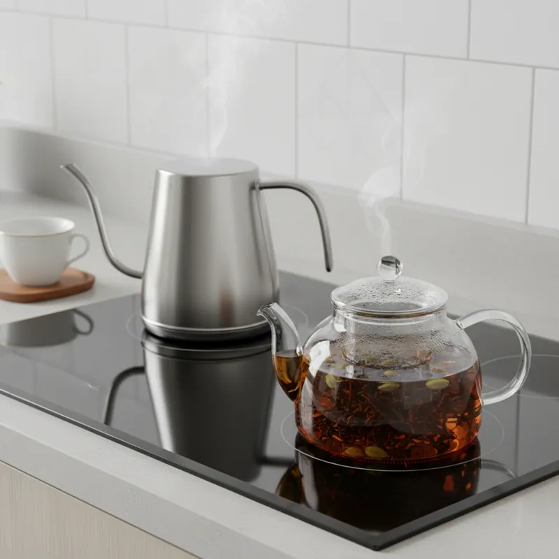 A clean, modern kitchen stovetop with the necessary equipment for making Persian tea. A kettle is boiling, and a separate glass or ceramic teapot cont