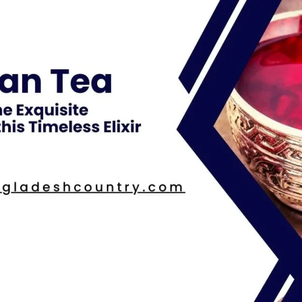 A promotional graphic for Persian tea. On the right, a close-up of a deep red tea in an ornate, traditional golden cup. On the left, text reads 'Persian Tea: Discover the Exquisite Secrets of this Timeless Elixir'.