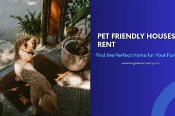 Advertisement for pet friendly houses for rent featuring a fluffy brown dog sitting on a doormat in a sunlit entryway with potted plants next to a blue text overlay.