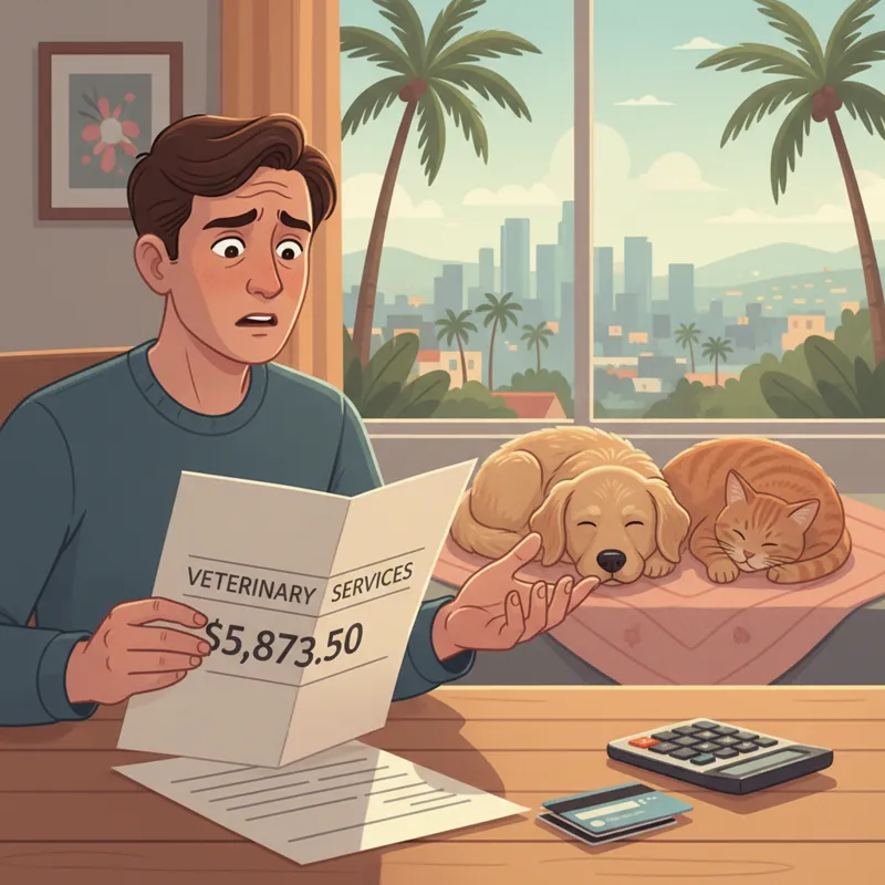 A concerned pet owner looking at a large veterinary bill, with their dog or cat resting comfortably nearby, emphasizing the financial aspect of pet ca