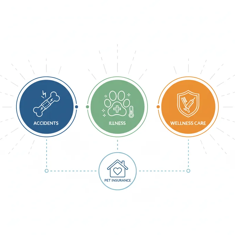 An infographic or diagram illustrating different types of pet insurance coverage, using icons for accidents, illnesses, and wellness care.
