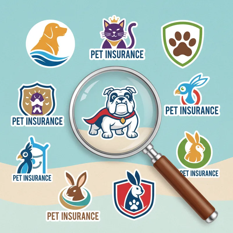 A collage of different pet insurance company logos commonly found in California, with a magnifying glass over one, symbolizing careful comparison.