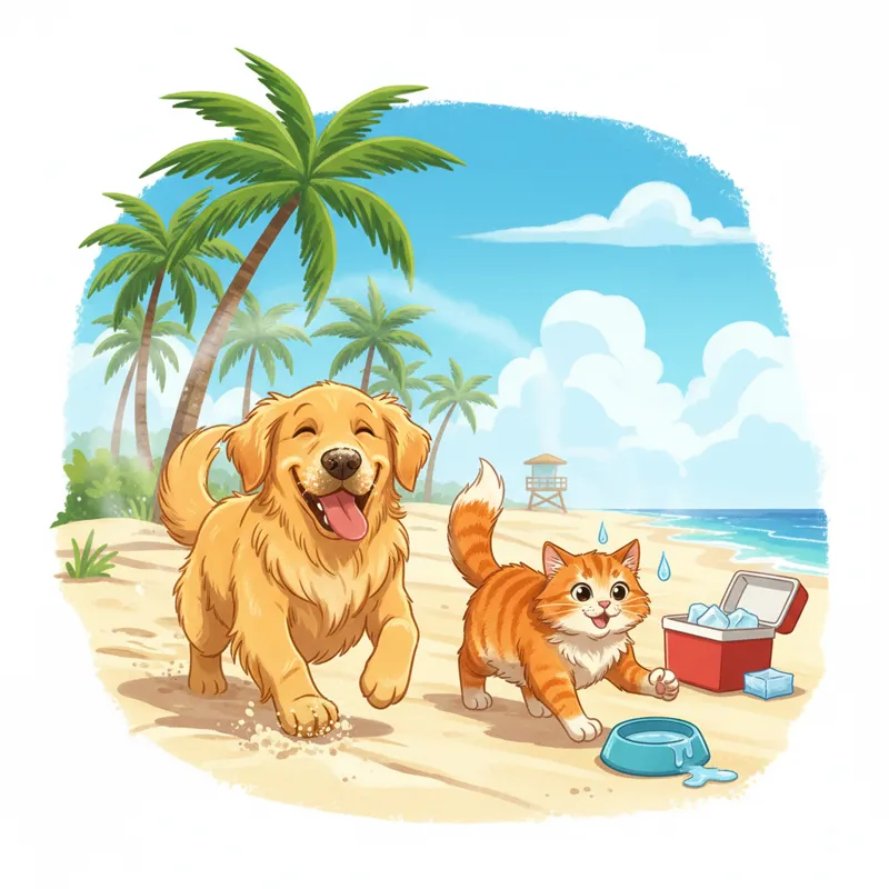 A vibrant illustration of a happy dog and cat playing on a sunny Florida beach with palm trees in the background, subtly hinting at common Florida ris