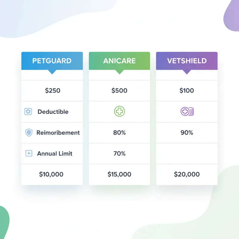 A side-by-side comparison chart of generic pet insurance plan features, using placeholder names for providers, highlighting differences in deductibles