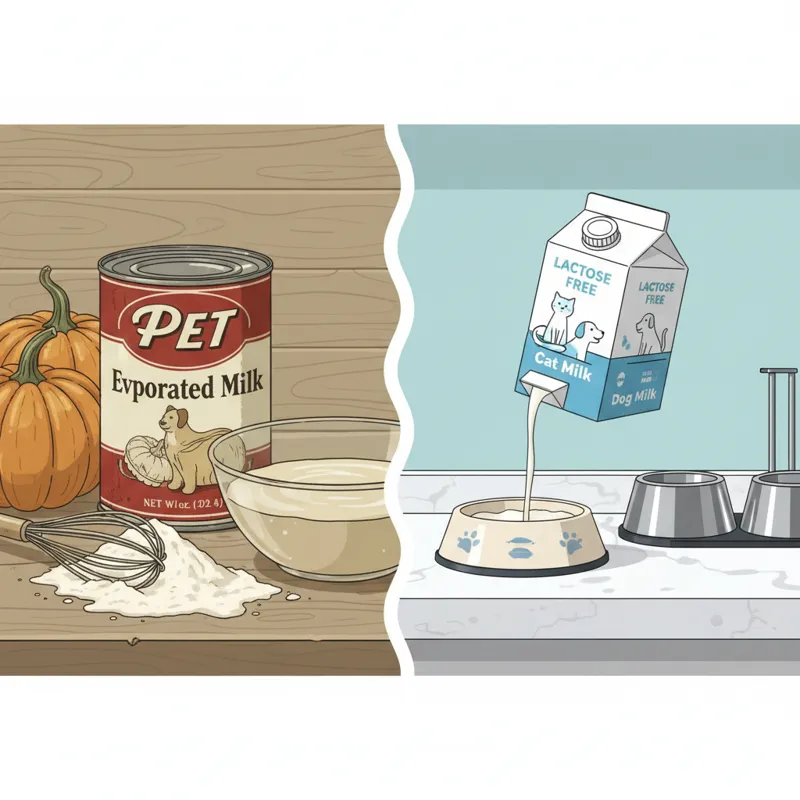 A split-screen comparison image. On the left, a vintage-style red and white can of'PET Evaporated Milk' surrounded by baking ingredients like flour a