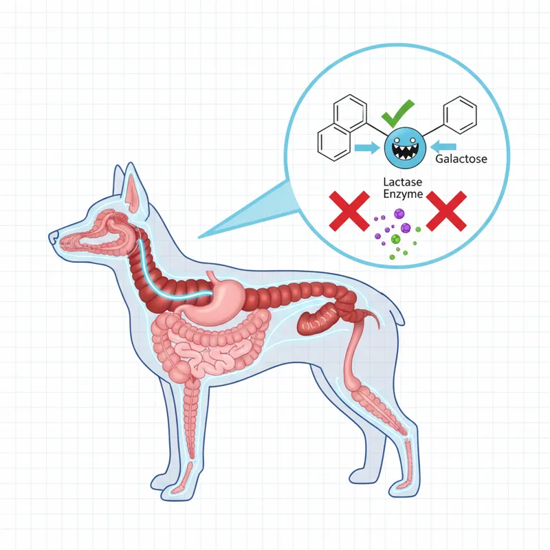 A scientific diagram showing a dog's digestive tract. A magnified callout bubble shows the molecular breakdown of lactose. Green checkmarks indicate'