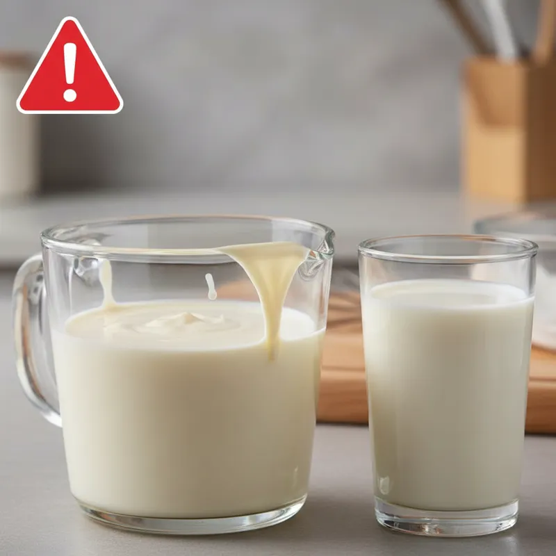 A close-up of a measuring cup filled with thick, creamy evaporated milk next to a glass of regular milk. The evaporated milk looks viscous and heavy.