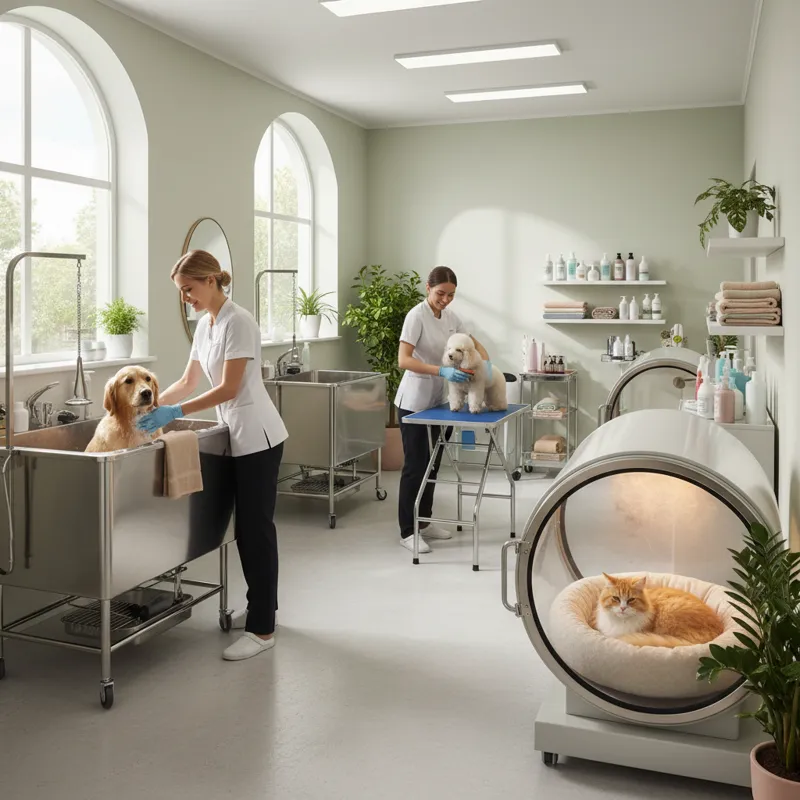 A modern, clean pet salon interior with multiple grooming stations, a dog being gently bathed, and another cat relaxing in a cozy drying area. Natural