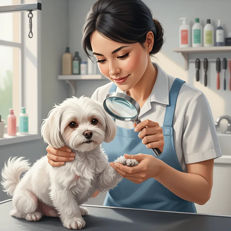 A professional groomer gently holding a small dog, carefully inspecting its paw pads and nails with a magnifying tool, demonstrating attention to deta