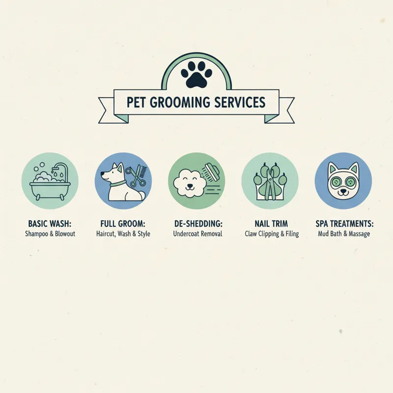 A detailed infographic showcasing different pet grooming services like basic wash, full groom, de-shedding, nail trim, and specialized spa treatments,