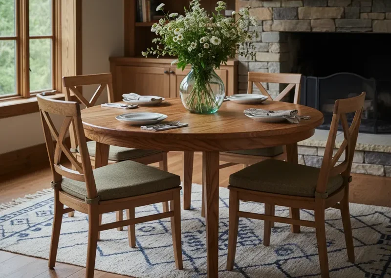 Solid pine circular dining table with a natural wood finish, suitable for a modern or rustic dining room.