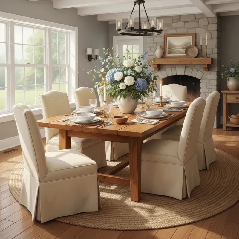 A beautifully set pine dining table in a well-lit, modern farmhouse-style dining room, with natural light streaming in. The table shows a warm, natura