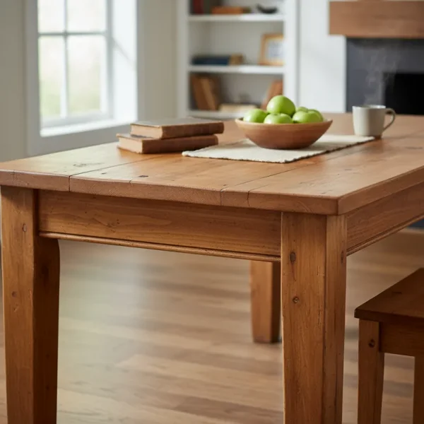 A natural finish pine dining table, showcasing its wood grain and texture, suitable for a rustic or modern kitchen or dining room.
