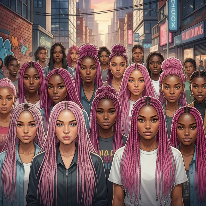 A diverse group of individuals showcasing various pink braiding hairstyles, from subtle pastel micro braids to bold fuchsia box braids, set against a