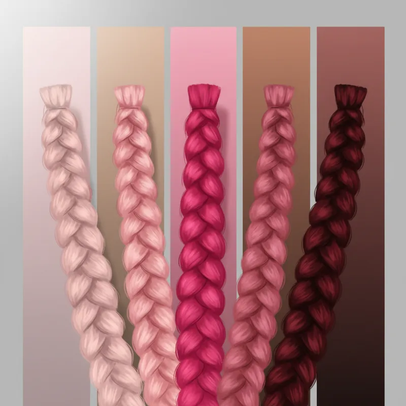 A close-up of various pink braiding hair swatches arranged against different skin tone gradients, illustrating how each shade would appear.