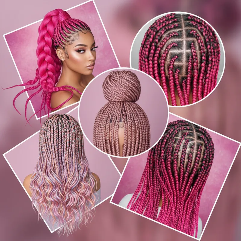 A diverse collage of five distinct pink braiding hair styles, each representing one of the described collections: hot pink jumbo braids, pastel micro