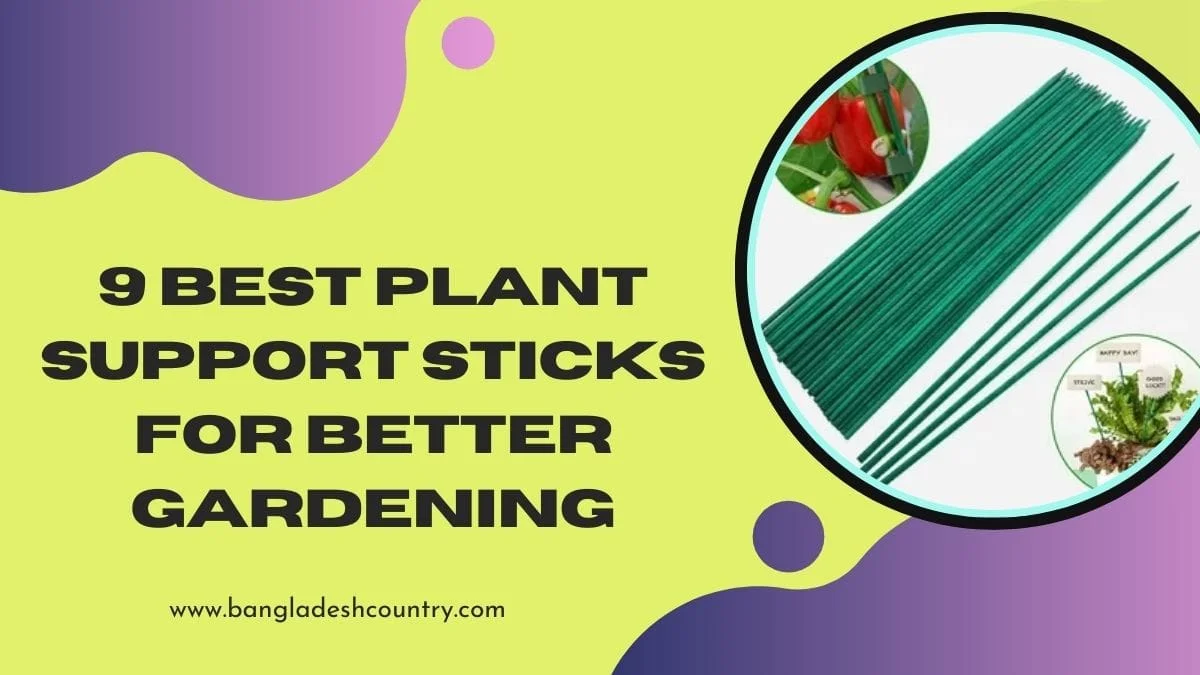 A promotional image titled '9 Best Plant Support Sticks for Better Gardening,' displaying a large bundle of green garden stakes, an inset of a red pepper plant supported by a stake, and a small plant with decorative labels. The background is bright green with abstract purple shapes, promoting gardening tools and plant care.