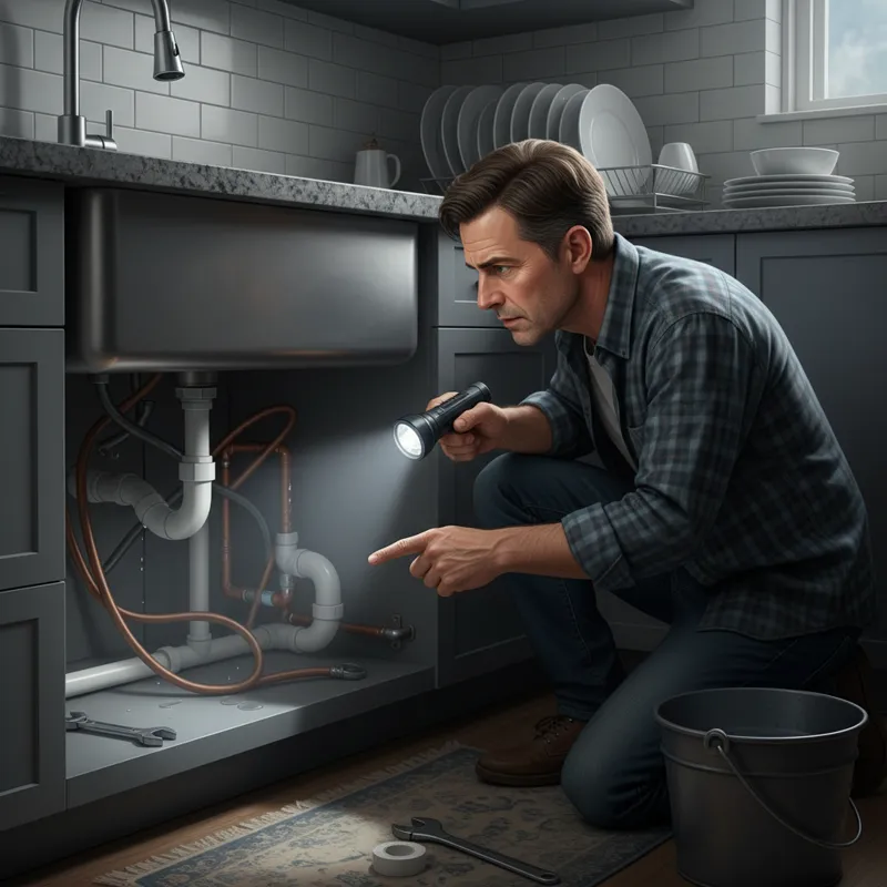 A homeowner shining a flashlight under a kitchen sink, examining pipes for leaks.
