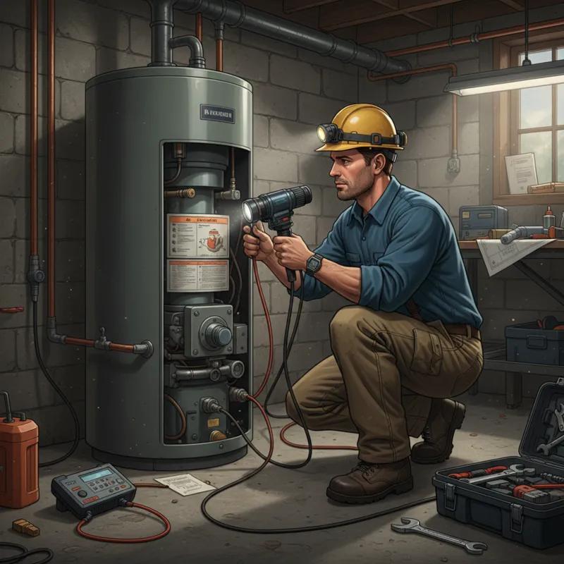A professional plumber using specialized tools to inspect a water heater in a basement.
