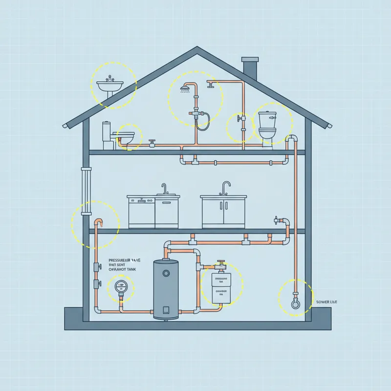 An infographic showing various parts of a home's plumbing system highlighted for inspection, such as faucets, toilets, water heater, and main line.