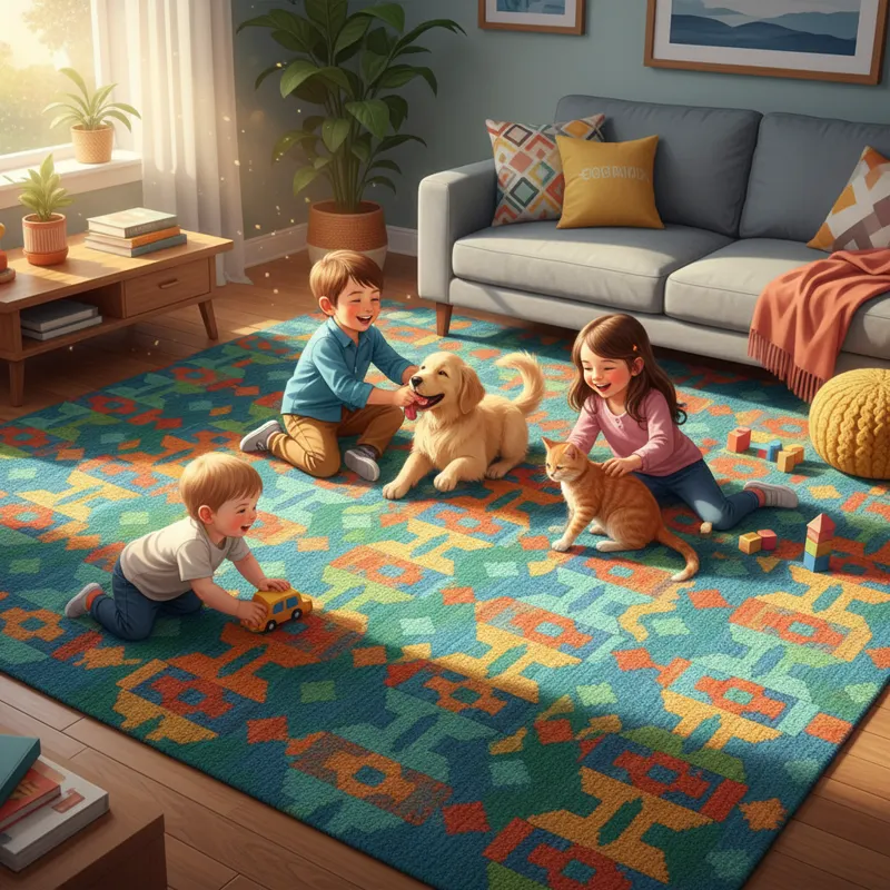 A vibrant, pattern-rich polypropylene rug in a family living room, with kids and pets playing comfortably on it, highlighting its durability.