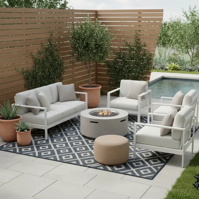 A stylish polypropylene area rug defining a modern outdoor patio space with furniture and potted plants.