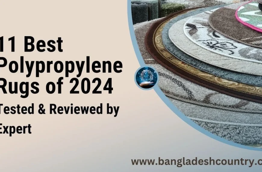 Text '11 Best Polypropylene Rugs of 2024 Tested & Reviewed by Expert' on a light background, next to an array of colorful polypropylene rugs with varied patterns and textures, promoting a rug review on bangladeshcountry.com.