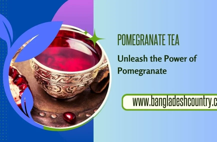 A promotional graphic for pomegranate tea with text 'Unleash the Power of Pomegranate'. The image features a close-up of a vibrant red tea in an ornate metallic cup next to fresh pomegranate fruit and seeds.