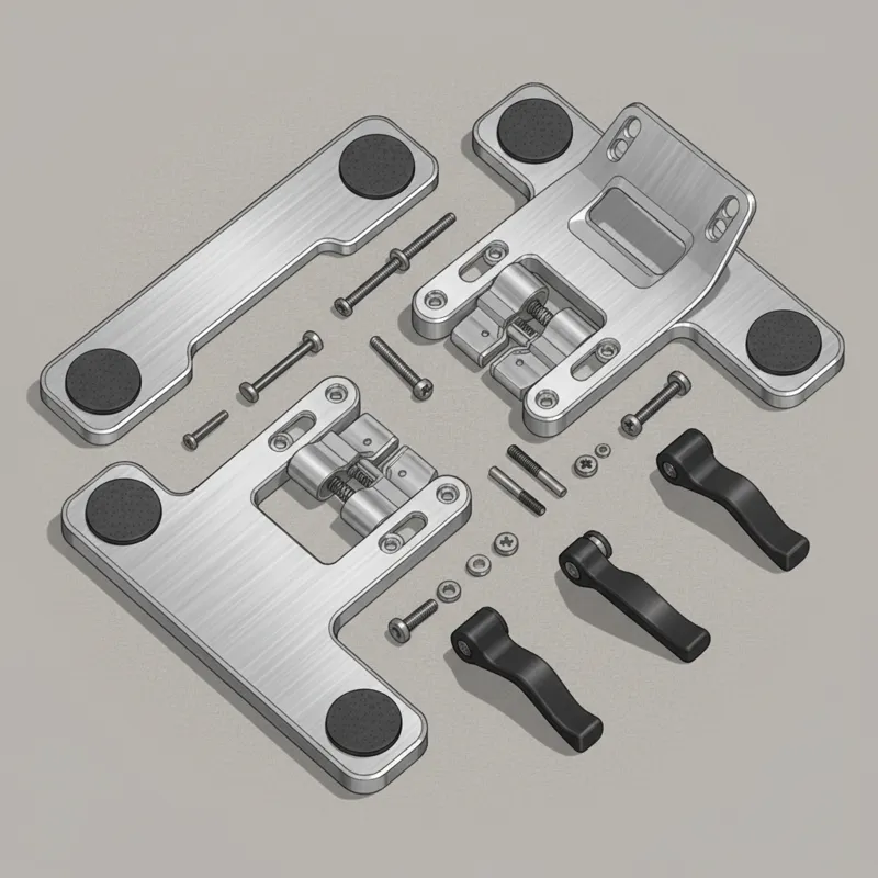 A detailed flat lay of various portable monitor stand components: lightweight aluminum, rubberized feet, hinge mechanisms, and adjustment levers, show