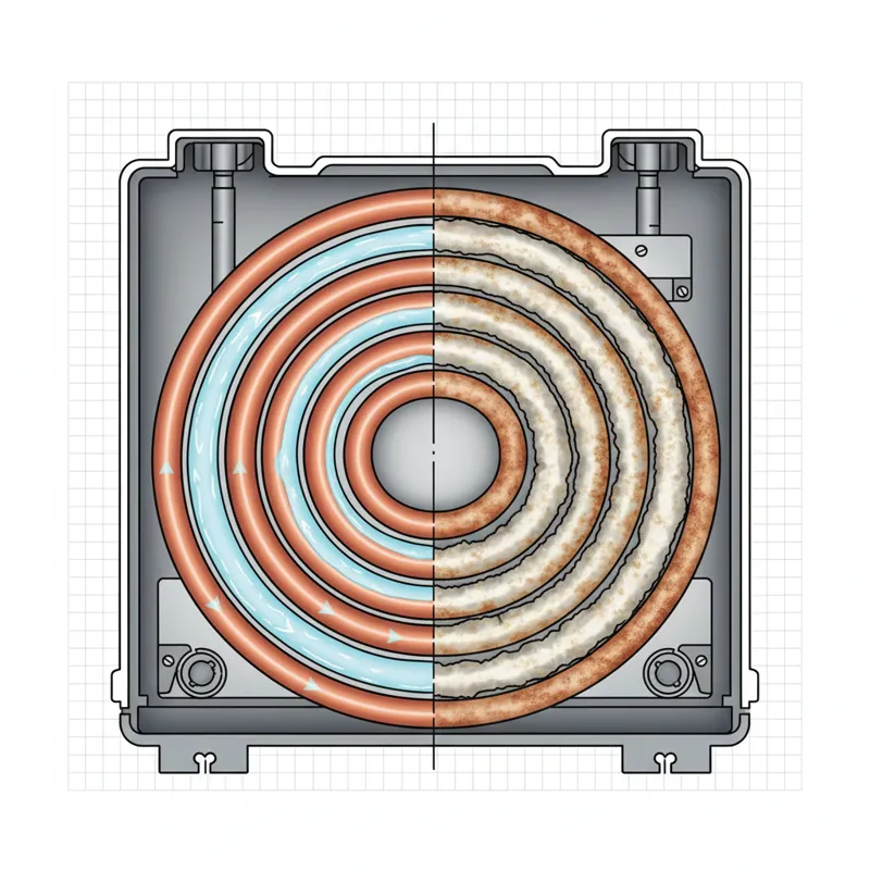 A detailed cutaway diagram showing sediment and scale buildup inside the narrow tubing of a tankless water heater's heat exchanger, contrasting it wit