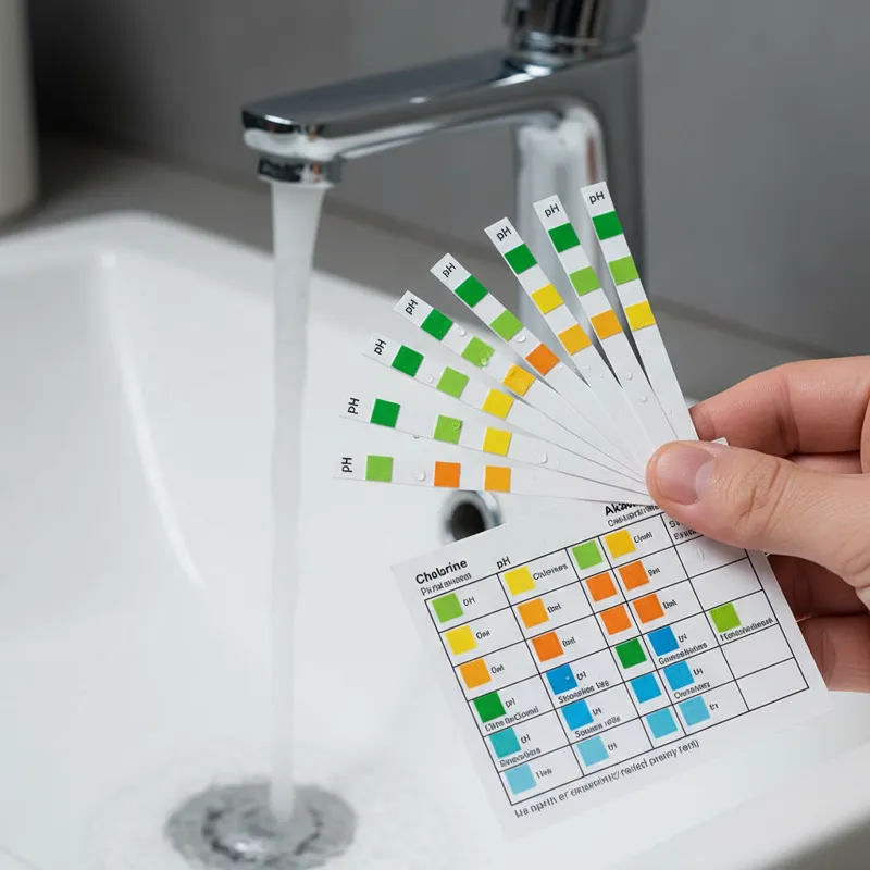 A close-up shot of a hand holding a water testing strip kit, showing different color indicators against a reference chart. In the background, a reside