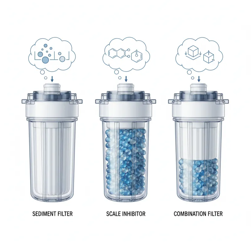 A diagram showing three different types of pre-filters side-by-side (sediment filter, scale inhibitor, combination filter), with callouts explaining t