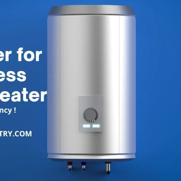 A 3D render of a silver cylindrical pre-filter unit for a tankless water heater on a blue background, with prominent white text reading 'Pre Filter for Tankless Water Heater' and 'Boost Efficiency !'.