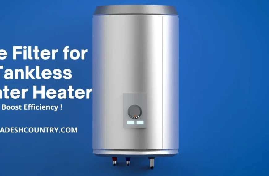 A 3D render of a silver cylindrical pre-filter unit for a tankless water heater on a blue background, with prominent white text reading 'Pre Filter for Tankless Water Heater' and 'Boost Efficiency !'.