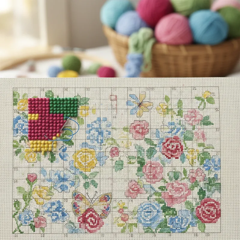 A close-up shot of a pre-printed needlepoint canvas, showing a detailed design clearly visible on the canvas mesh, with some threads already stitched