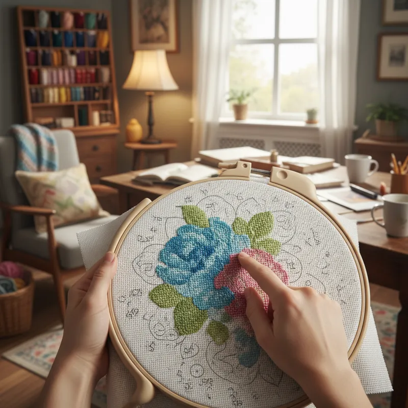 A person's hands holding a partially stitched pre-printed needlepoint canvas, demonstrating the ease of following the printed design. The background s