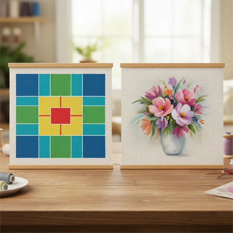 A side-by-side comparison of two needlepoint canvases. One shows a digitally printed design with crisp lines and uniform color blocks. The other shows