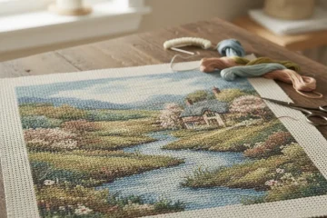 Close-up of a colorful pre printed needlepoint canvas featuring a detailed floral design, ready for stitching.