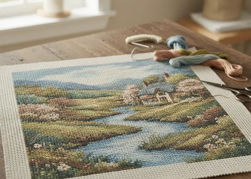Close-up of a colorful pre printed needlepoint canvas featuring a detailed floral design, ready for stitching.