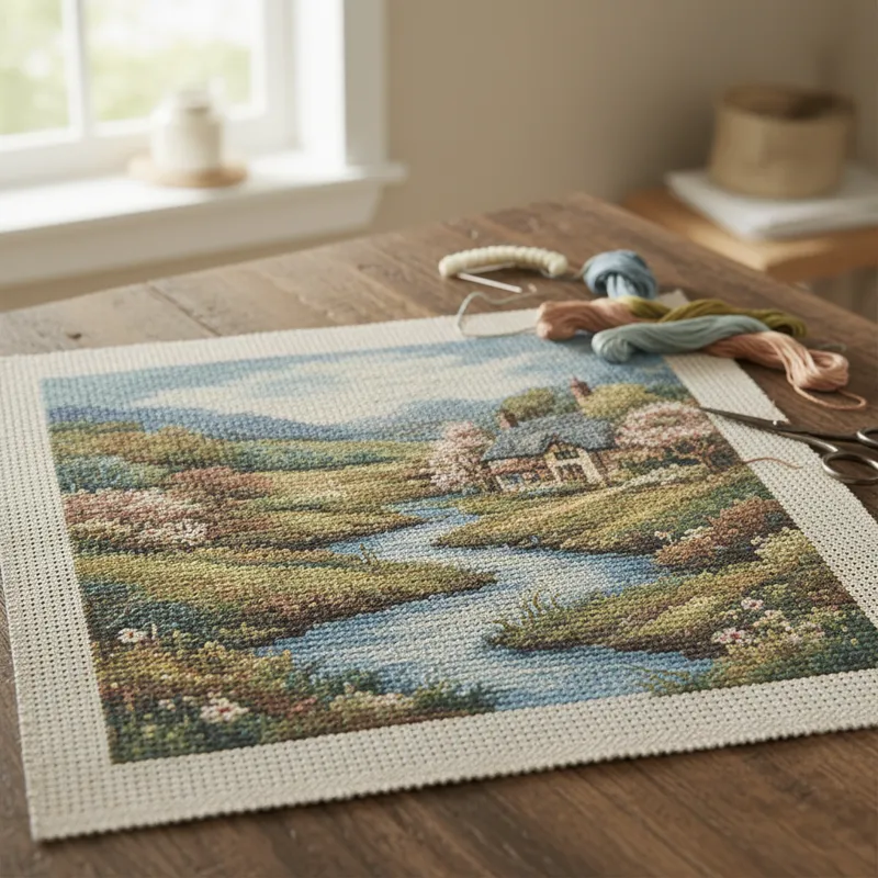 Close-up of a colorful pre printed needlepoint canvas featuring a detailed floral design, ready for stitching.