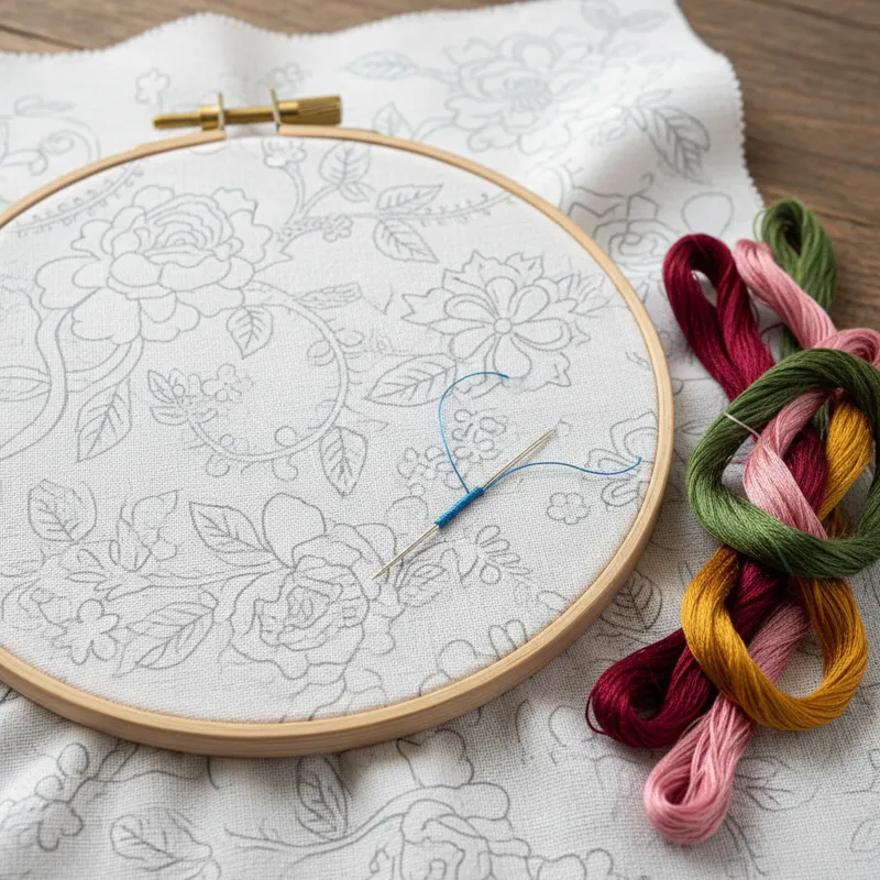 A close-up shot of a piece of white fabric with a delicate, intricate floral embroidery design pre-printed in a light grey, washable ink, ready for st
