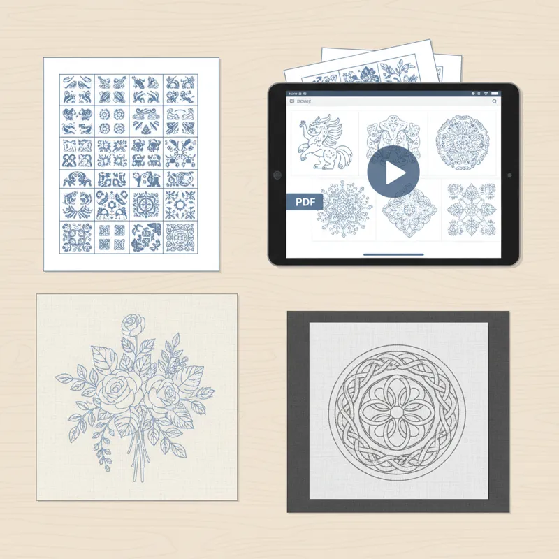 A flat lay showing various types of embroidery patterns: a sheet of iron-on transfer paper with multiple small designs, a fabric piece with a pre-prin